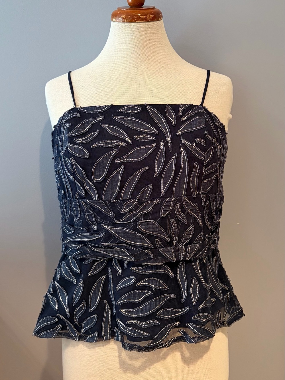 Super cute Navy Leaf-Embroidered Spaghetti Strap Peplum Camisole